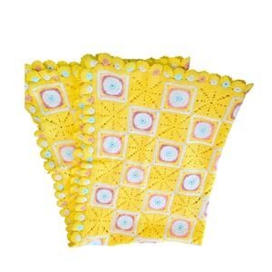 Vintage Handmade Crochet Granny Square Throw Blanket Bright Yellow Nursery Decor